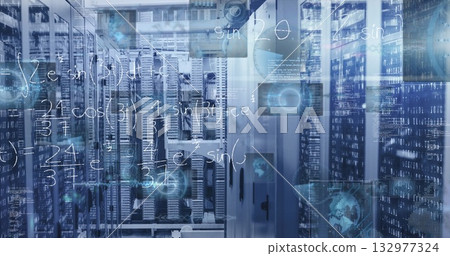 Central server rack cabinet standing in data center aisle, with floating math equations Central server rack cabinet standing in data center aisle, with floating math equations 132977324