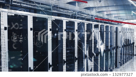 Showing data center aisle with switches and blade servers under cable trays with digital overlays Showing data center aisle with switches and blade servers under cable trays with digital overlays 132977327