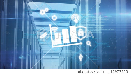 Holographic bar chart and security icons floating in data center corridor, with server racks 132977333