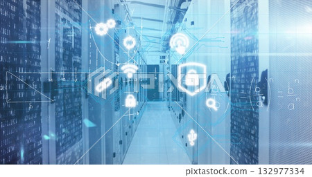 Displaying aisle of server racks with data lights in data center corridor with padlock icons Displaying aisle of server racks with data lights in data center corridor with padlock icons 132977334