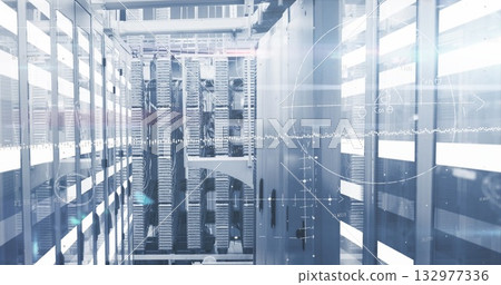 Glowing server rack columns displaying AR waveforms in data center corridor, with cable bundles 132977336