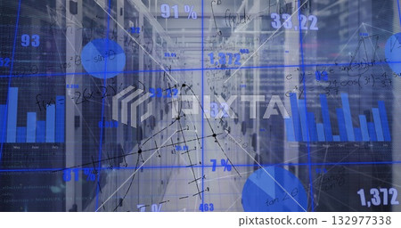 Showing bundled data cables and server racks receding in data center, with blue analytics overlays 132977338