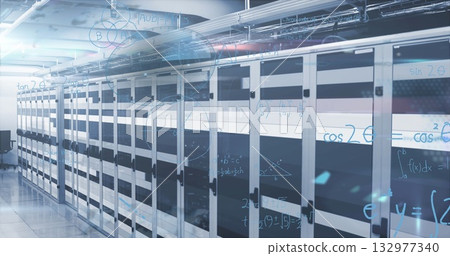 Operating servers lining server room corridor, cable trays, floor, chair, LEDs, digital overlays 132977340