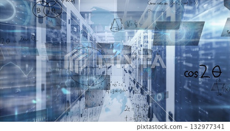 Displaying math overlays above server cabinets in data center corridor, with patch cables 132977341