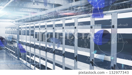 Showcasing row of server cabinets marching down data center hall, with digital equation overlay Showcasing row of server cabinets marching down data center hall, with digital equation overlay 132977343