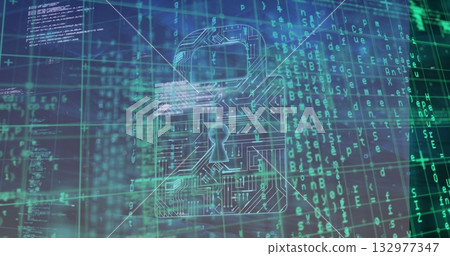 Circuit-patterned padlock icon glowing in cyberspace, with grid lines, syntax blocks, code streams Circuit-patterned padlock icon glowing in cyberspace, with grid lines, syntax blocks, code streams 132977347