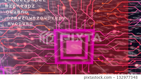 Radiating neon pink chip motif sending glowing circuit lines across screen, with white code overlay 132977348