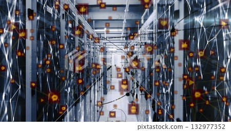 Displaying racks sending data inside data center aisle, with floating social icons on glowing lines Displaying racks sending data inside data center aisle, with floating social icons on glowing lines 132977352