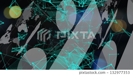 Displaying glowing turquoise network nodes on grey map interface with yellow-blue lens flares 132977353