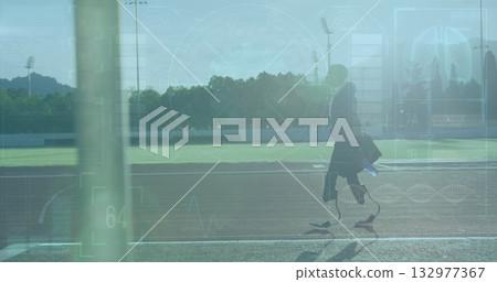 Running teen powering along stadium track, with jacket, blades, bottle, HUD overlays, copy space 132977367