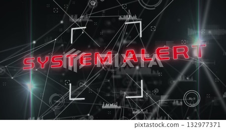 Spreading red SYSTEM ALERT text across digital interface, with targeting frames and node graphics Spreading red SYSTEM ALERT text across digital interface, with targeting frames and node graphics 132977371
