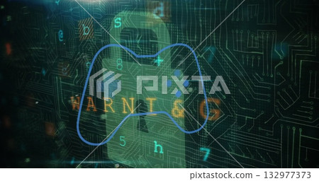 Displaying green padlock hovering over circuit traces, wireframe gamepad and glitching WARNING text 132977373