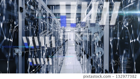 Displaying central data center corridor hosting glowing network diagrams, with server racks Displaying central data center corridor hosting glowing network diagrams, with server racks 132977382