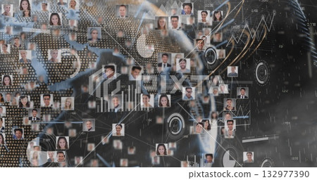 Displaying network showing business headshots linking by lines on dotted world map, with bar charts 132977390