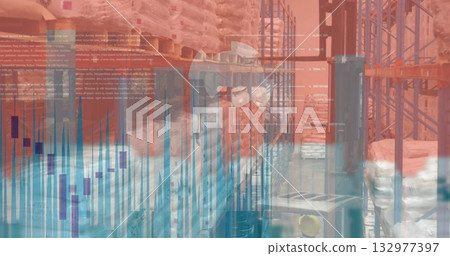 Merging digital head silhouette wearing glasses with charts in warehouse racks loaded with sacks Merging digital head silhouette wearing glasses with charts in warehouse racks loaded with sacks 132977397