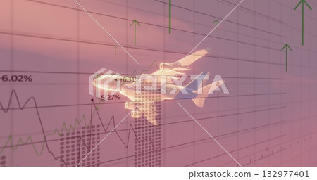 Hovering translucent airplane overlaying chart grid, with line graphs, bars, arrows and percentages Hovering translucent airplane overlaying chart grid, with line graphs, bars, arrows and percentages 132977401