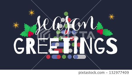 Displaying greeting with white script text on navy backdrop with colorful shapes, holly, starbursts Displaying greeting with white script text on navy backdrop with colorful shapes, holly, starbursts 132977409