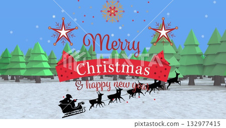 Showing winter greeting with Santa sleigh and reindeer in pine forest, with red ribbon banner 132977415