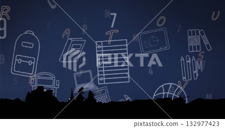 Hovering central lined paper dominating night skyline, featuring backpack, laptop, globe drawings 132977423