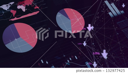 Large pie chart showing purple red blue segments on dark dashboard with arrows, copy space 132977425