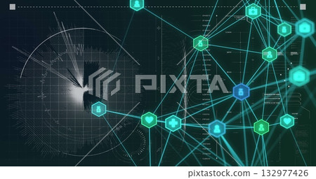 Displaying hexagonal icon nodes flowing data with glowing lines over grid on display, copy space 132977426