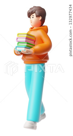 A 3D boy in an orange hoodie and blue pants carries a stack of books. 132977434