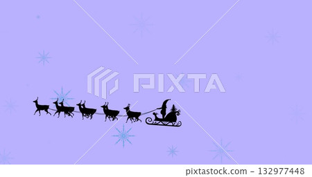 Silhouette of Santa sleigh and eight reindeer flying across lavender backdrop, with blue snowflakes 132977448