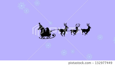 Gliding Santa riding sleigh through purple sky with festive tree, harnessed reindeer and snowflakes 132977449