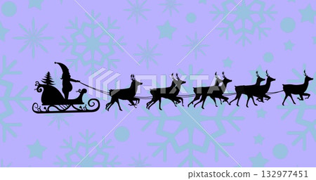 Gliding Santa silhouette riding sleigh across purple backdrop, with 8 reindeer and evergreen tree 132977451