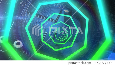 Extending neon green hexagon frames forming tunnel in cyberspace with circuit board, binary overlay Extending neon green hexagon frames forming tunnel in cyberspace with circuit board, binary overlay 132977458
