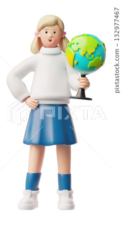 Smiling teenager girl holds Earth globe vector 3D plastic style, Geography science school subject, student education 132977467