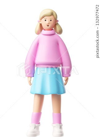 Smiling teenager girl standing, 3D cartoon vector happy blond schoolgirl character wear pink blouse and blue skirt 132977472