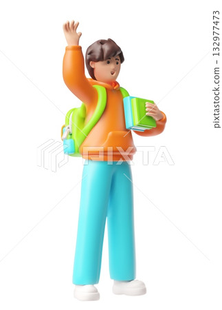 Teenager boy with books and a school backpack, calls someone by raising his hand, vector 3D friendly schoolboy pupil kid 132977473