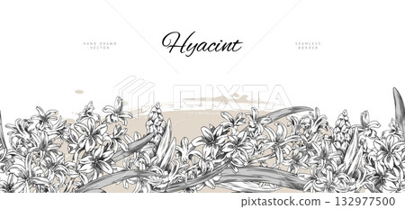 Hyacinth flowers engraved sketch vector seamless border blooming design, hand drawn spring blossom plant ink style Hyacinth flowers engraved sketch vector seamless border blooming design, hand drawn spring blossom plant ink style 132977500