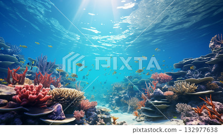 Underwater view of a colorful sea coral reef with fishes. 132977638