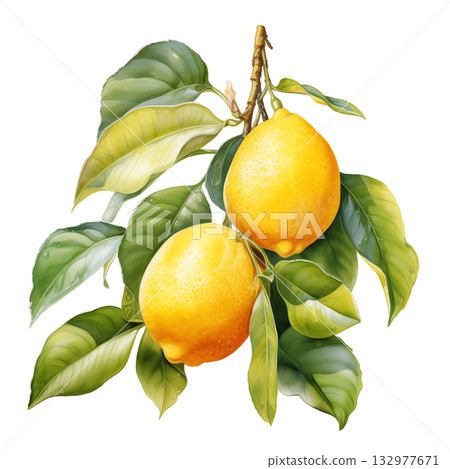 Lemons isolated. Lemon fruits with green leaves Lemons isolated. Lemon fruits with green leaves 132977671