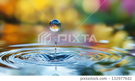 Water drop falling. Drop of water falling into a rippled surface of water 132977682