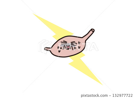 Illustration of a stomach with a painful expression, showing stomach pain as if struck by lightning Illustration of a stomach with a painful expression, showing stomach pain as if struck by lightning 132977722
