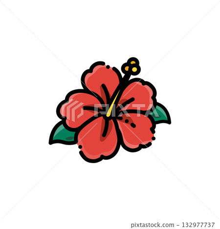 一朵清新的扶桑花，紅色的花朵，黃色的花蕊，翠綠的葉子，充滿熱情與活力！適合夏日、鮮花或熱浪等場合。顏色可變，限量發售。 132977737