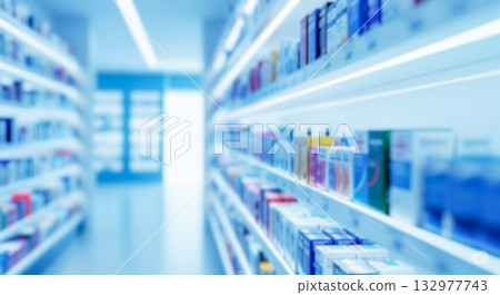 Defocused chemist shop with many drugs and supplements on display, consumer shopping for medication at retail store, clean and modern hospital dispensary. 132977743