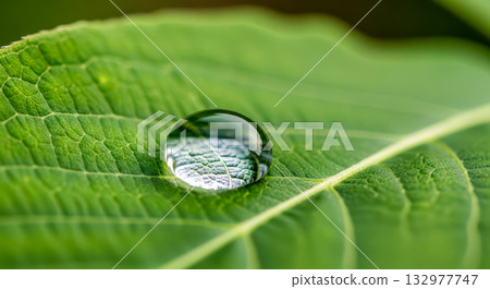 Macro shot of single water drop on green leaf with visible texture veins perfect clarity reflection morning dew natural background for spa ecology freshness 132977747