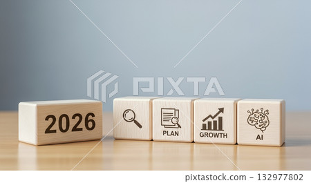 2026 business concept, wooden blocks, search, plan, growth, AI icons, future strategy, new year resolution, corporate planning, desk background 132977802