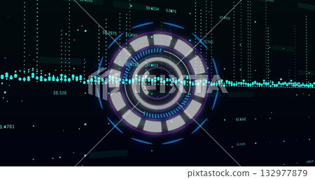 Animating central circular HUD interface on dark grid, with waveform data streams and readouts 132977879