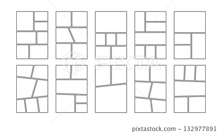 Comic book panels set. Manga collage blank template. Storyboard layout panel. Empty page line frame for photo collage. Comic book board mockup. Vector illustration isolated on white background 132977891