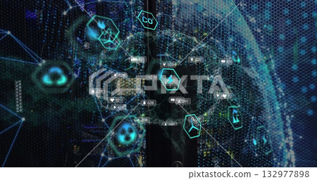 Displaying global data network tracking environmental metrics in dashboard with neon hexagon icons Displaying global data network tracking environmental metrics in dashboard with neon hexagon icons 132977898
