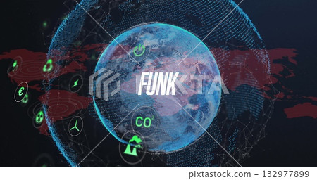 Rendering Earth globe spinning over red map in network, featuring bold FUNK text, floating icons 132977899