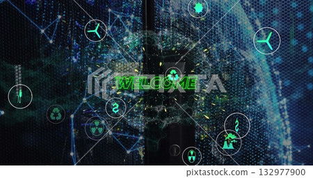 Displaying metallic double door glowing neon welcome sign at futuristic portal, with mesh icons 132977900