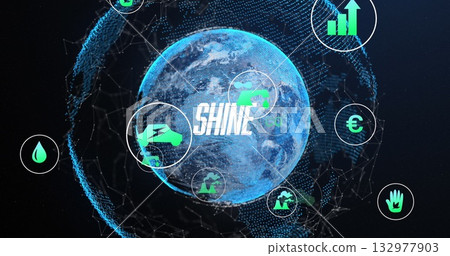 Displaying glowing blue wireframe Earth globe rotating in data space with SHINE overlay and icons 132977903