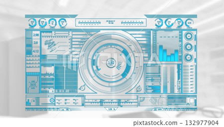 Displaying futuristic interface overlay floating over data center, with central gauge and charts 132977904