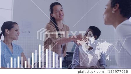 Shaking Asian professional extending hand to seated colleague in conference room, with data overlay Shaking Asian professional extending hand to seated colleague in conference room, with data overlay 132977916